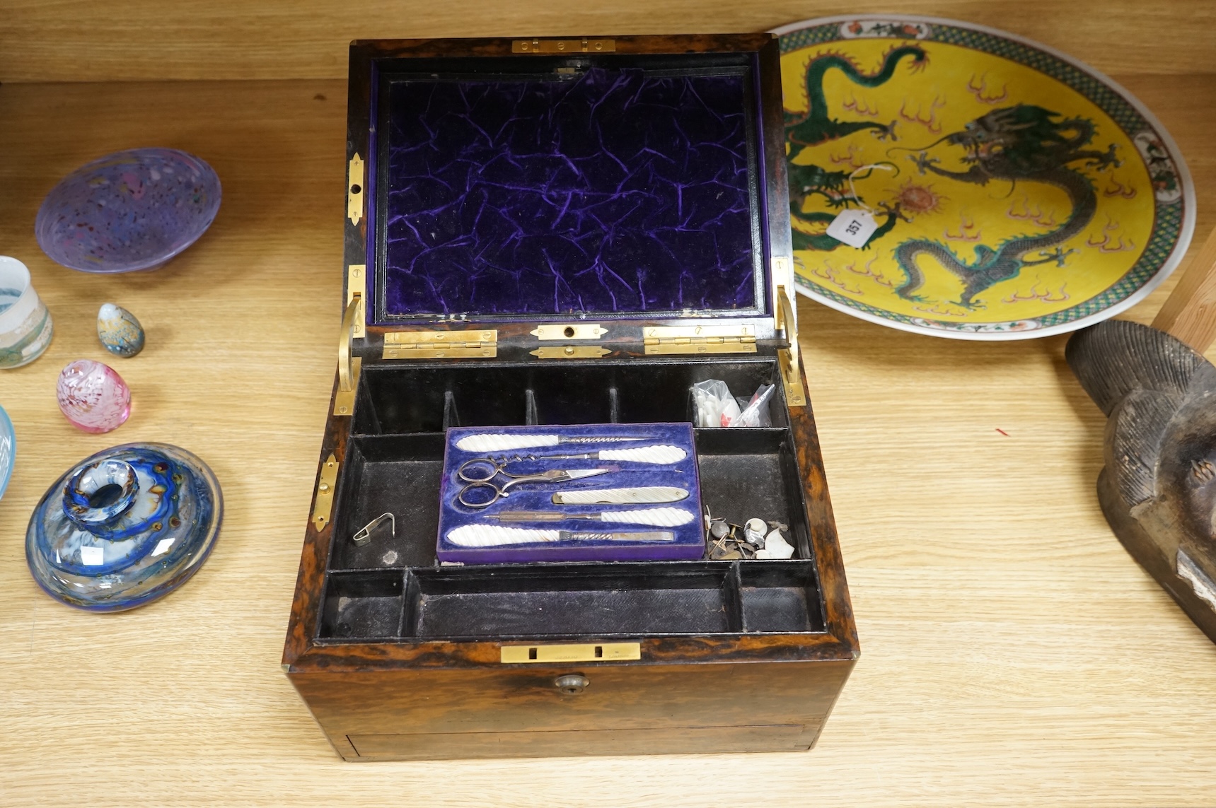 A 19th century brass bound coromandel dressing box, 31cm wide x 20cm high